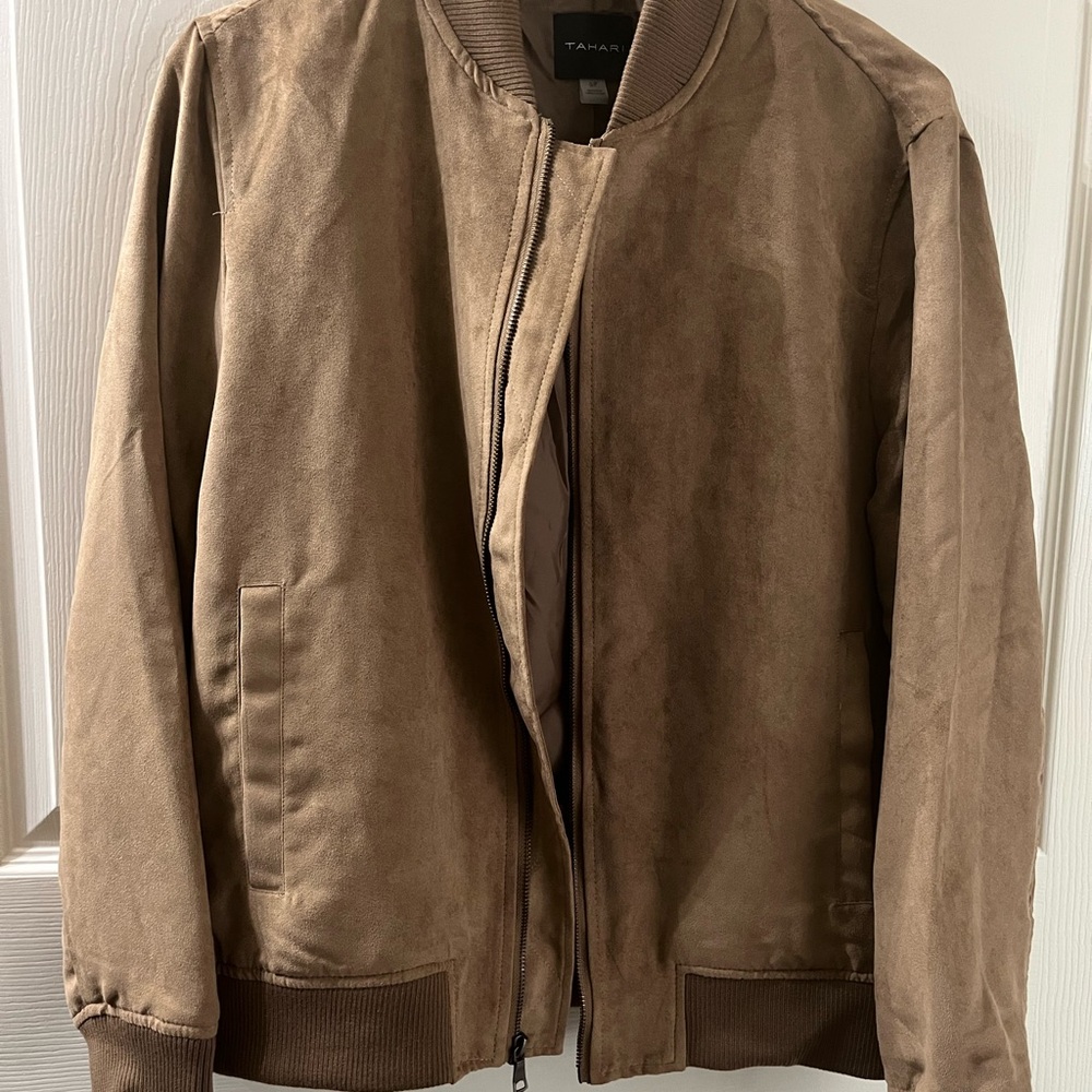 Men's TAHARI Long Sleeve Full Zip Bomber Jacket Size S Brown Faux Suede Tan